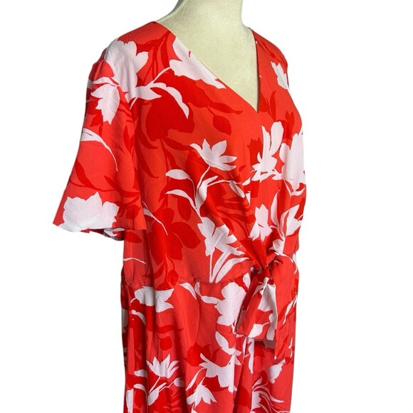 Lane Bryant Coral Floral Tie Knot Waist Midi Lined Short Sleeves Dress Size 20 - Picture 3 of 13